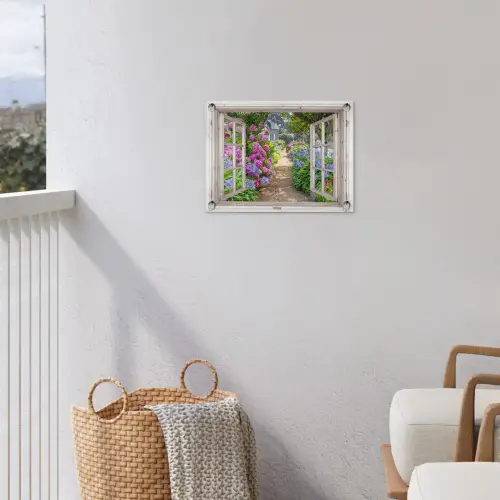 Hortensia - Doorkijk - Bloemen - Zomer - Paars - Pad tuinposter los doek klein -sfeer8