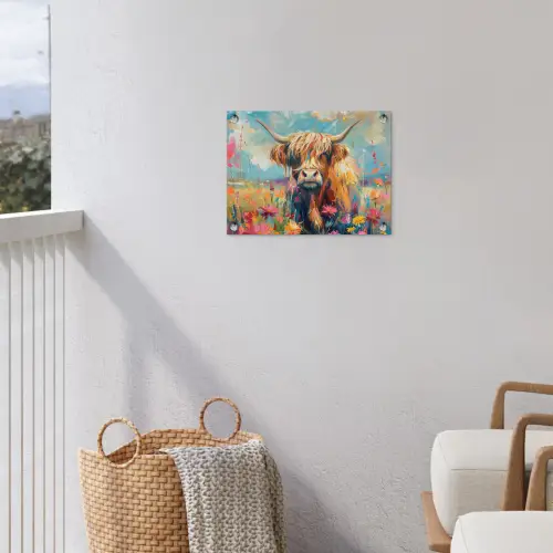 Schotse hooglander - Natuur - Kleurrijk - Bloemen tuinposter los doek klein -sfeer8