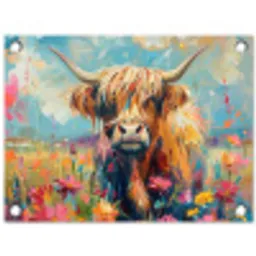 Schotse hooglander - Natuur - Kleurrijk - Bloemen tuinposter los doek klein -3d