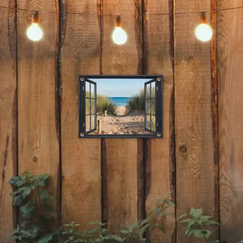 Doorkijk - Strand - Zee - Zand - Water - Helmgras - Duinen tuinposter los doek klein -sfeer1