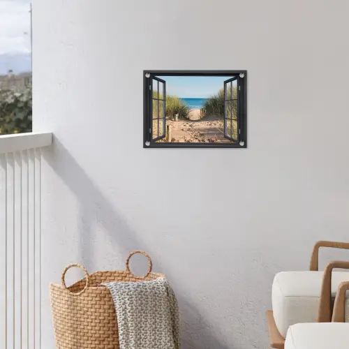 Doorkijk - Strand - Zee - Zand - Water - Helmgras - Duinen tuinposter los doek klein -sfeer8