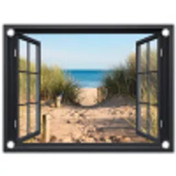 Doorkijk - Strand - Zee - Zand - Water - Helmgras - Duinen tuinposter los doek klein -3d