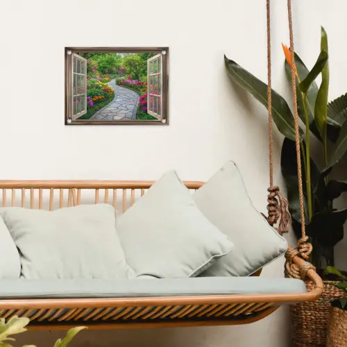 Doorkijk - Bloemen - Tuinpad - Natuur - Raam tuinposter los doek klein -sfeer7