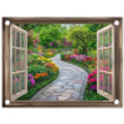 Doorkijk - Bloemen - Tuinpad - Natuur - Raam tuinposter los doek klein -3d