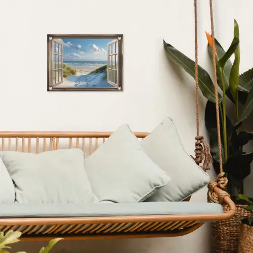 Doorkijk - Strand - Raam - Duinen - Zee tuinposter los doek klein -sfeer7