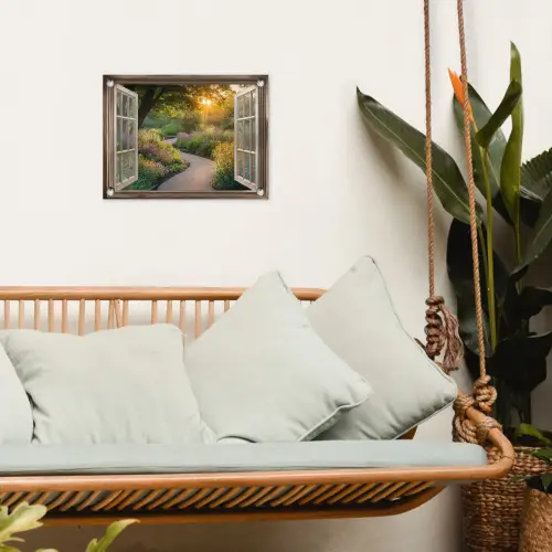 Doorkijk - Bloemen - Natuur - Zon - Pad tuinposter los doek klein -sfeer7