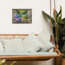 Doorkijk - Tuin - Raam - Hortensia - Bloemen tuinposter los doek klein -sfeer7