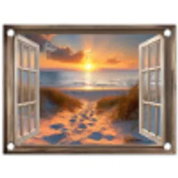 Doorkijk - Strand - Duinen - Zonsondergang tuinposter los doek klein -3d