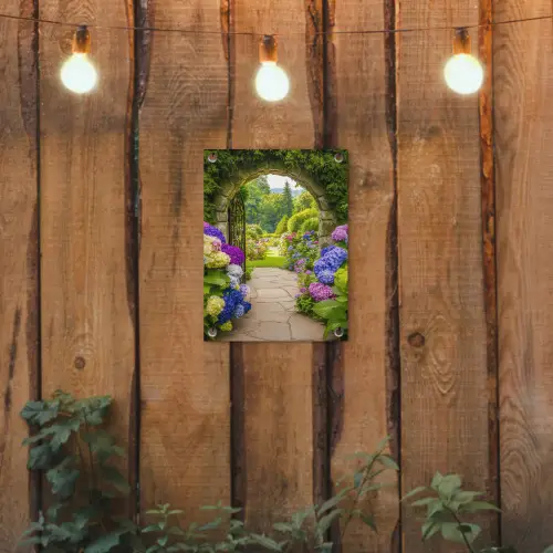 Doorkijk - Poort - Hortensia - Bloementuin tuinposter los doek klein -sfeer1
