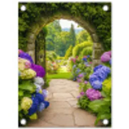 Doorkijk - Poort - Hortensia - Bloementuin tuinposter los doek klein -3d