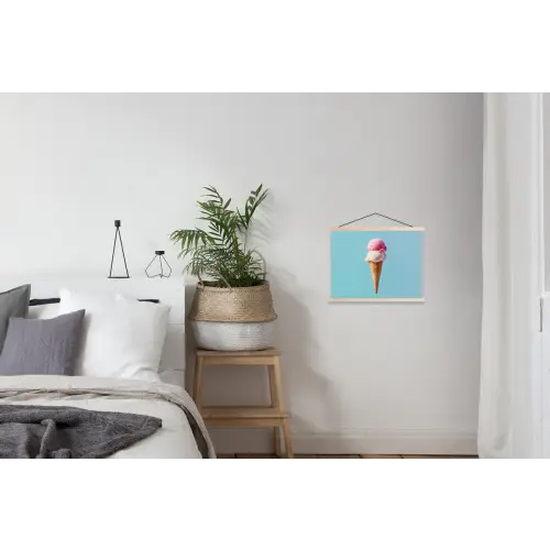 Bolletjes - Schepijs - Hoorntje - Blauw textielposter latten blank klein -woonkamer