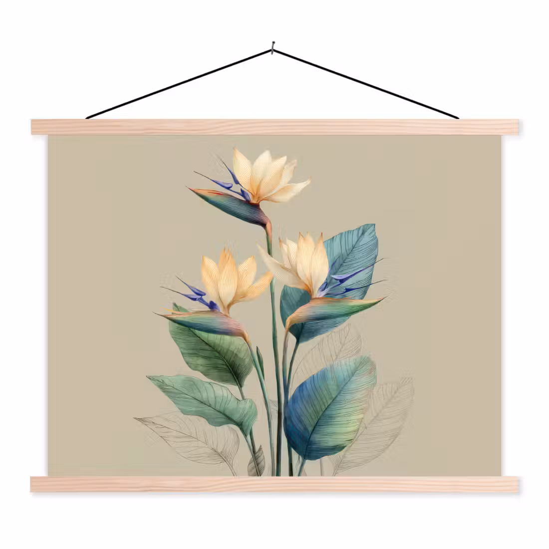 Hanging Poster - Bird of paradise flowers - Blue-green leaves - Beige