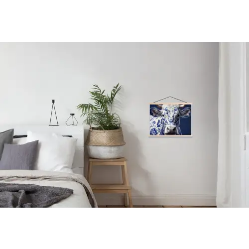 Koe - Delfts - Blauw - Artistiek textielposter latten blank klein -woonkamer