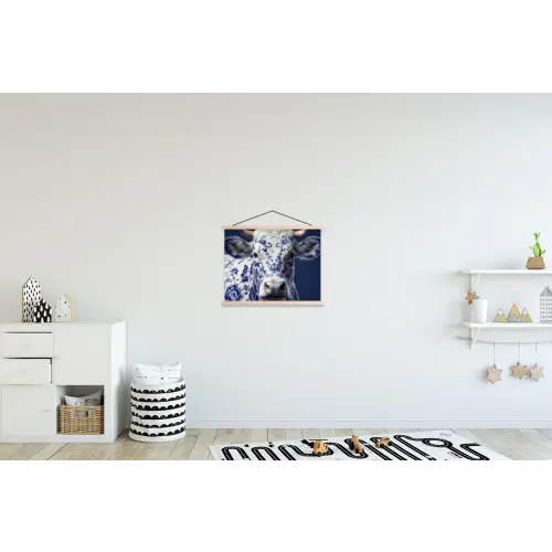 Koe - Delfts - Blauw - Artistiek textielposter latten blank klein -kinderkamer