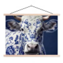 Koe - Delfts - Blauw - Artistiek textielposter latten blank klein -3d
