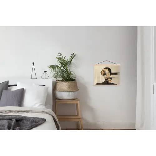 Gezicht - Bloemen - Zwart - Vrouw textielposter latten blank klein -woonkamer