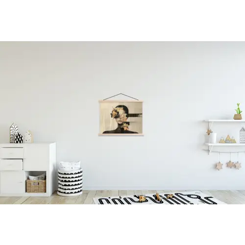 Gezicht - Bloemen - Zwart - Vrouw textielposter latten blank klein -kinderkamer