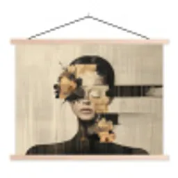 Gezicht - Bloemen - Zwart - Vrouw textielposter latten blank klein -3d