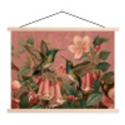 Kolibries - Bloemen - Groen - Roze textielposter latten blank klein -3d