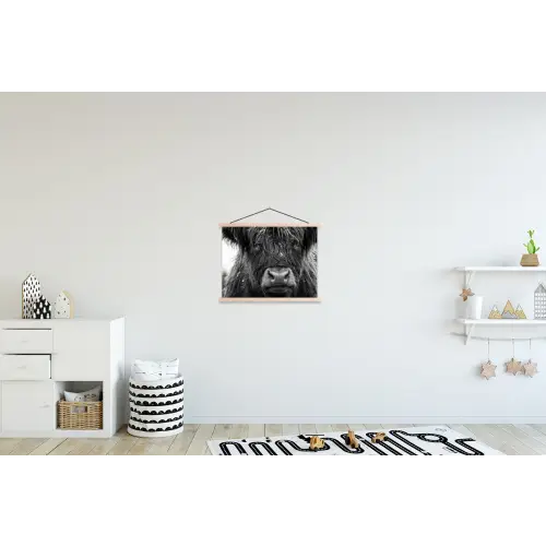Schotse hooglander - Zwart - Wit - Sneeuwvlokken textielposter latten blank klein -kinderkamer