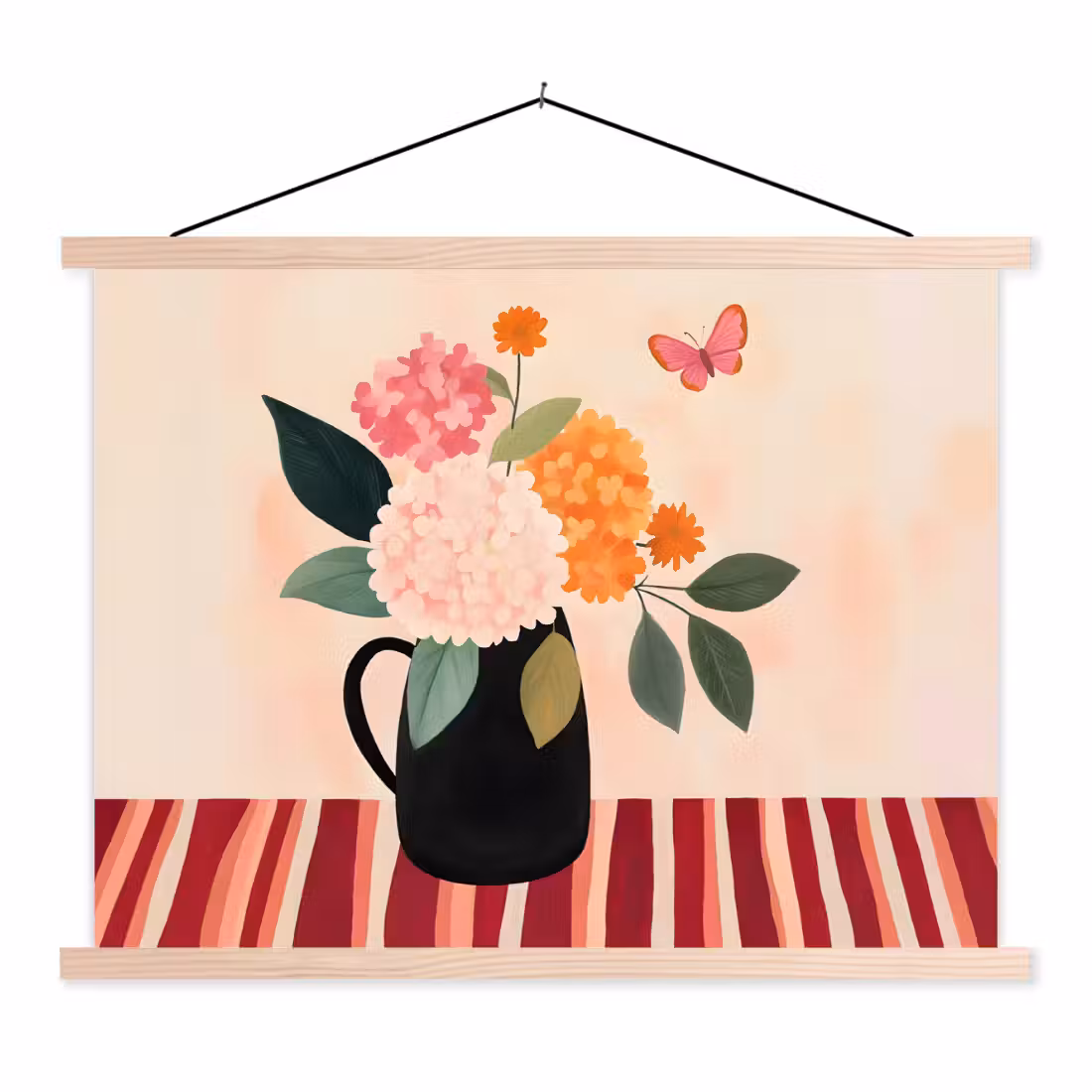 Hanging Poster - Vase - Flowers - Butterfly - Red