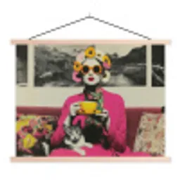 Vrouw - Kat - Bloemen - Kopje - Retro textielposter latten blank klein -3d