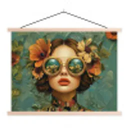 Vrouw - Bloemen - Vlinders - Natuur - Vintage textielposter latten blank klein -3d