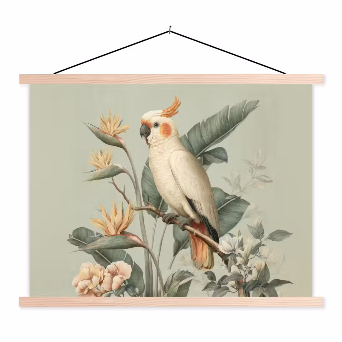 Hanging Poster - Yellow crested cockatoo - bird of paradise flowers - Green
