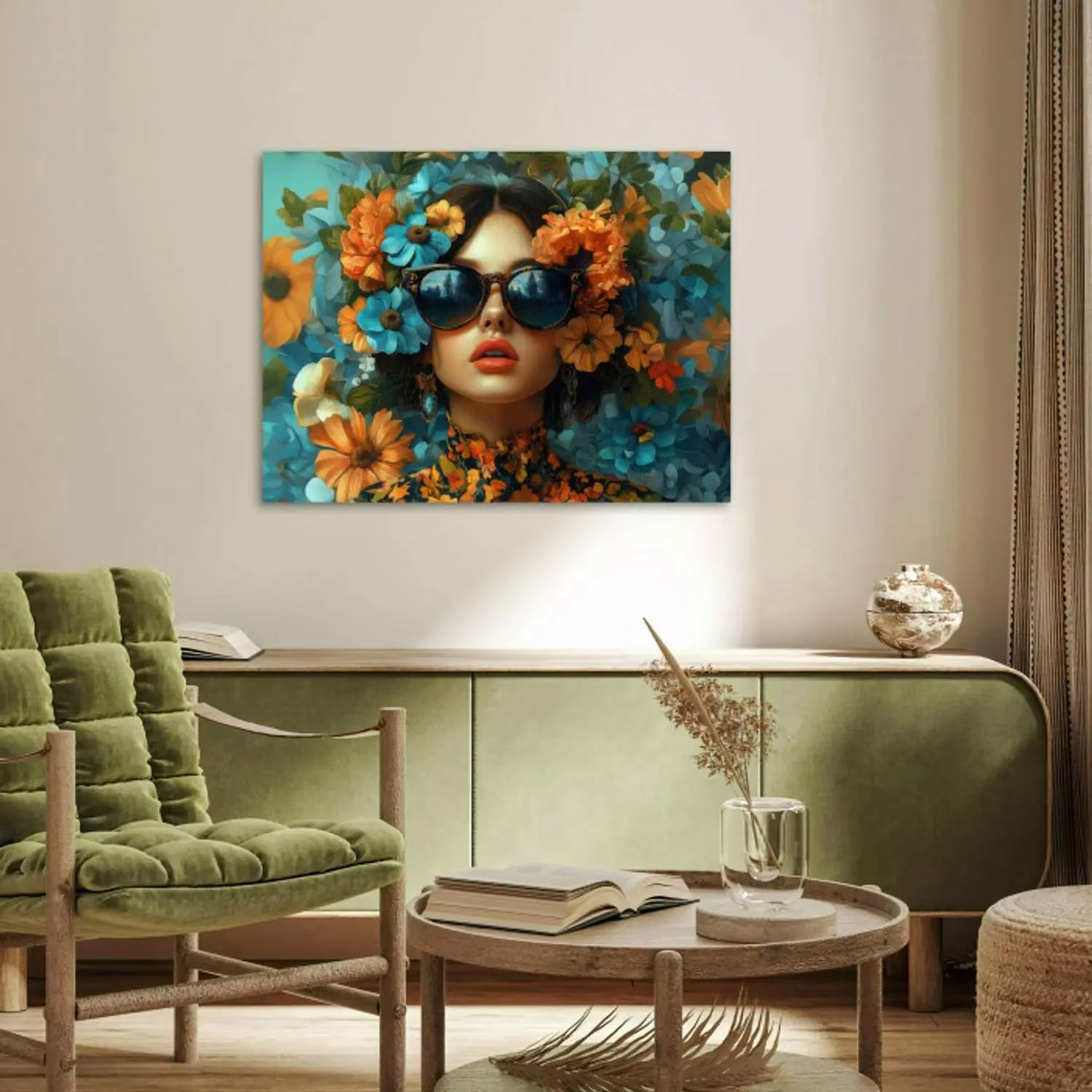 Poster – Vrouw - Bloemen - Oranje - Blauw - Modern