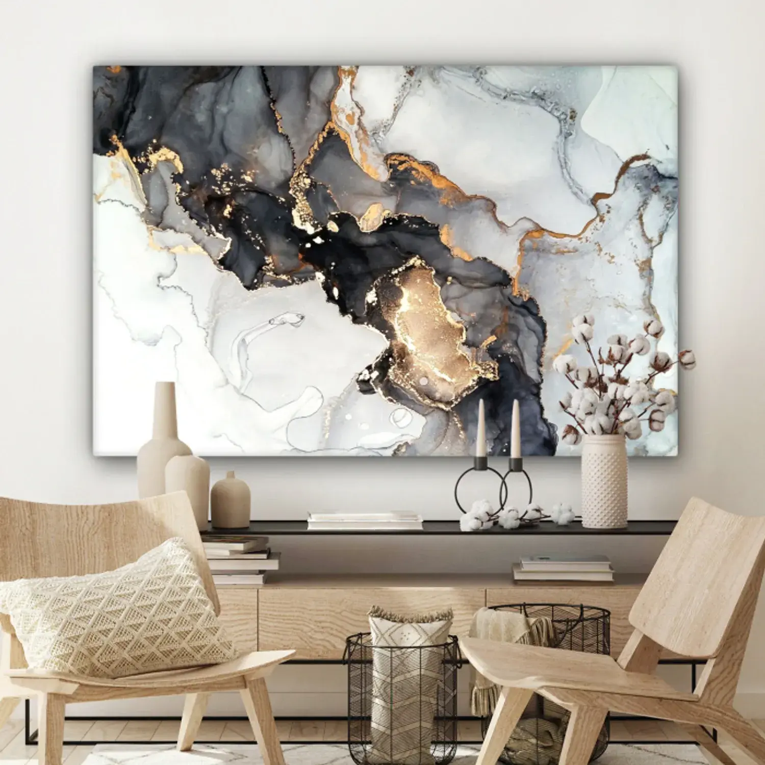 Canvas painting - Marble - Gold - Abstract - Black and white - Luxury