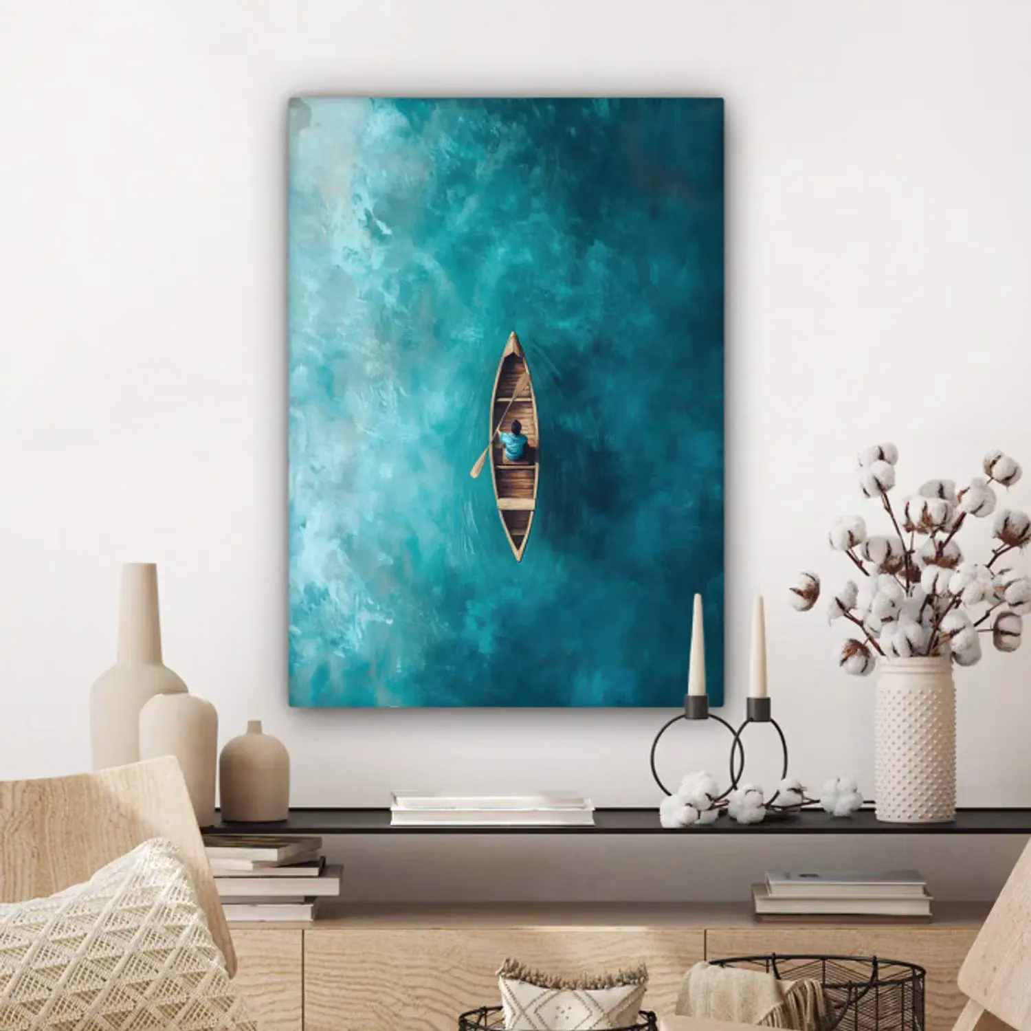 Canvas painting featuring a small boat in the middle of a lake with blue water