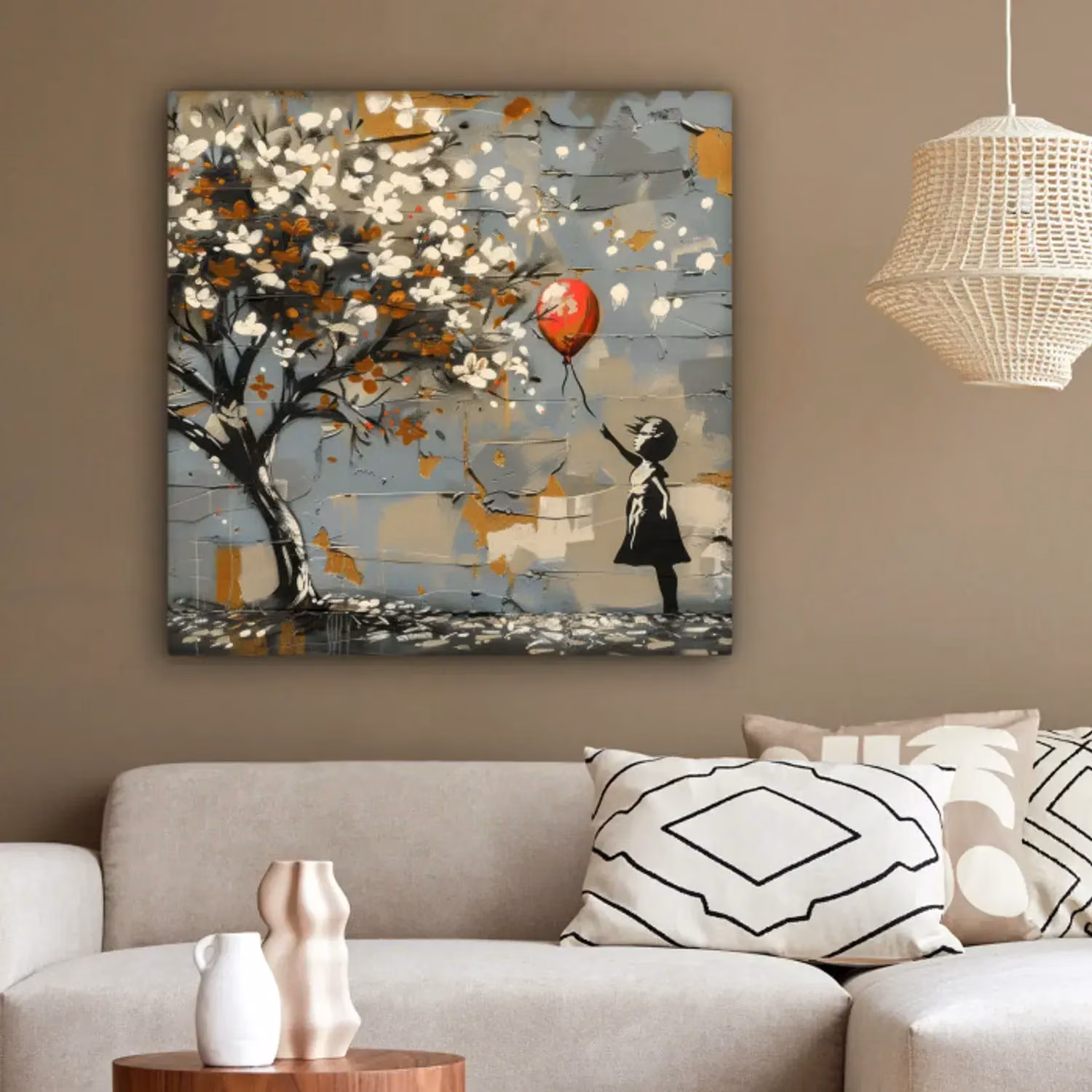 Square canvas painting featuring a tree and a girl with a balloon, created in the Banksy style