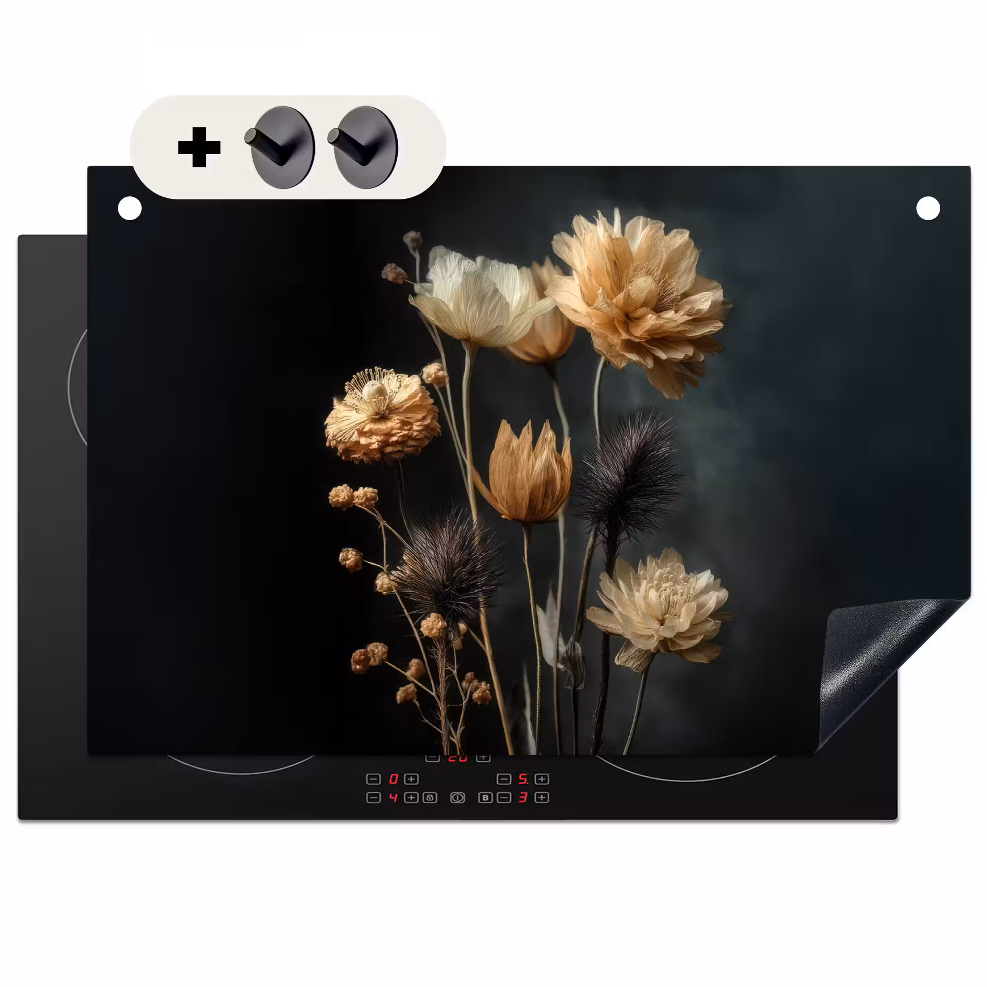 Induction Hob Cover & Splashback (2-in-1) - Bouquet - Flowers - Light - Black