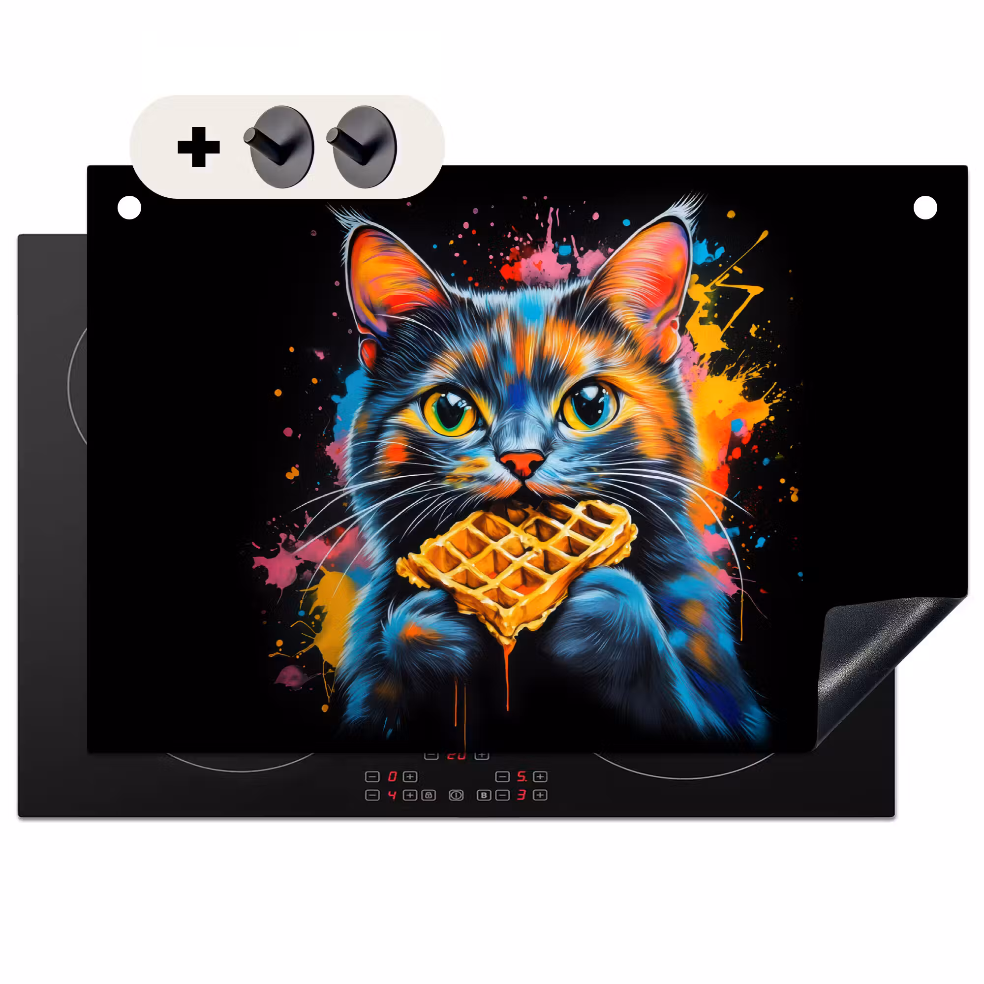 Induction Hob Cover & Splashback (2-in-1) - Cat - Graffiti - Colorful - Waffle - Food