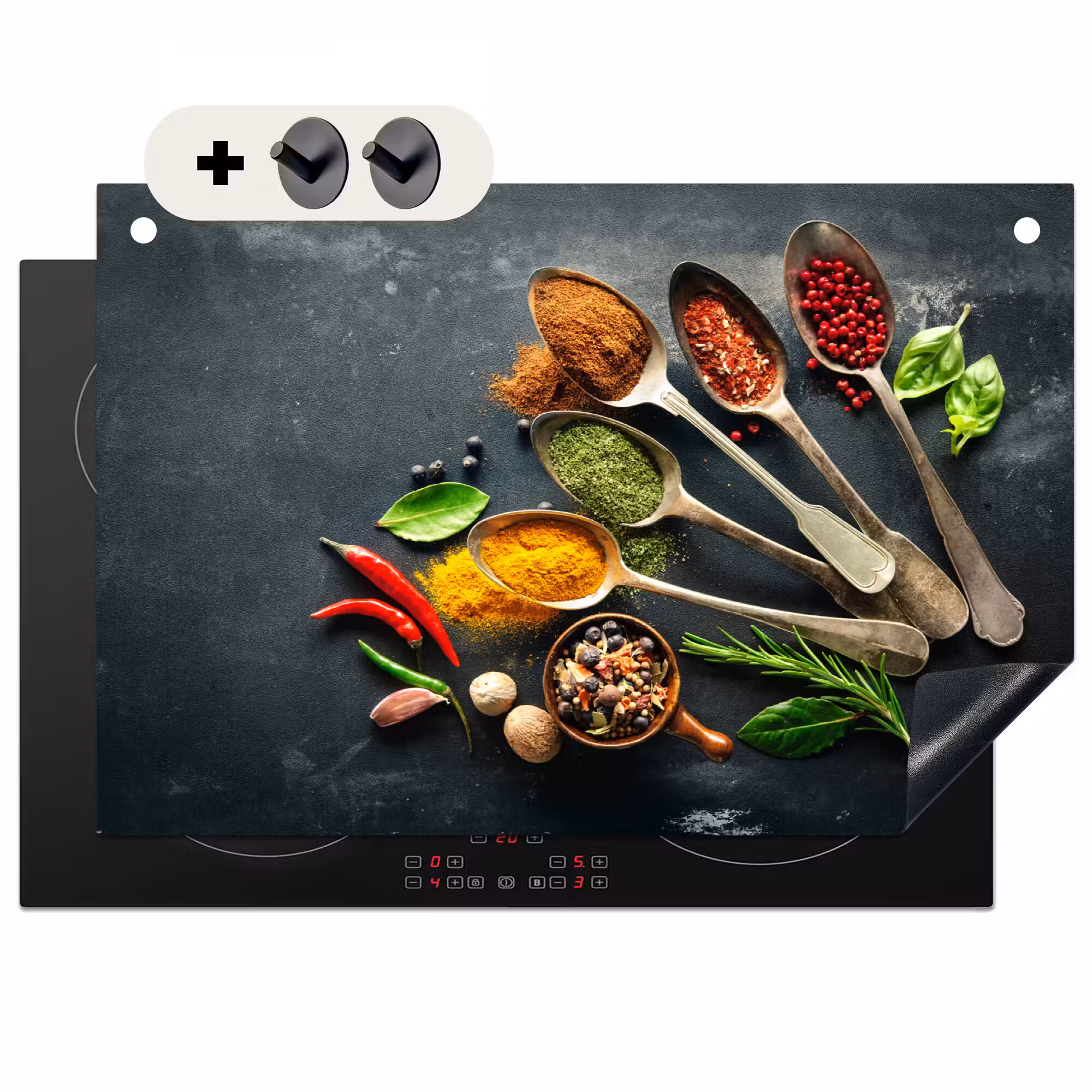 Induction Hob Cover & Splashback (2-in-1) - Herbs - Spoons - Spices - Concrete look - Gray