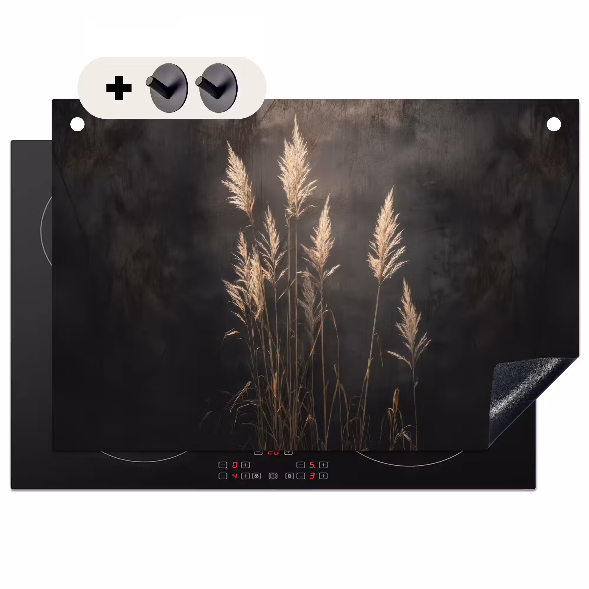 Induction Hob Cover & Splashback (2-in-1) - Ornamental grass - Plumes - Lighting - Black