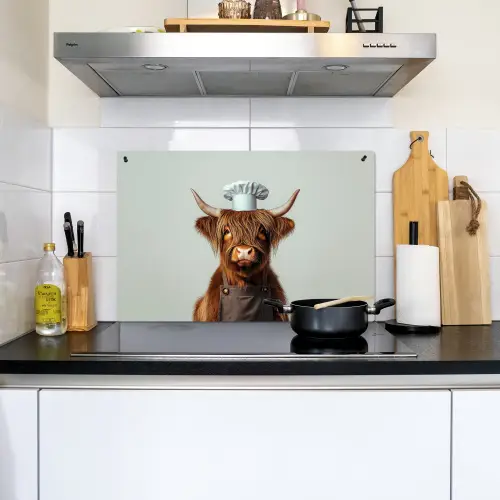 Schotse Hooglander - Bruin - Hoorns - Kokskleding Inductie beschemer met haakjes klein -sfeer2