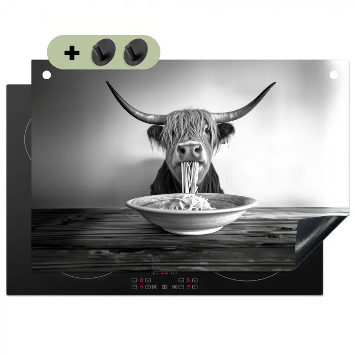 Schotse Hooglander - Spaghetti - Dieren - Zwart wit Inductie beschemer met haakjes klein -3d