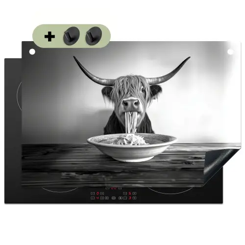 Schotse Hooglander - Spaghetti - Dieren - Zwart wit Inductie beschemer met haakjes klein -3d