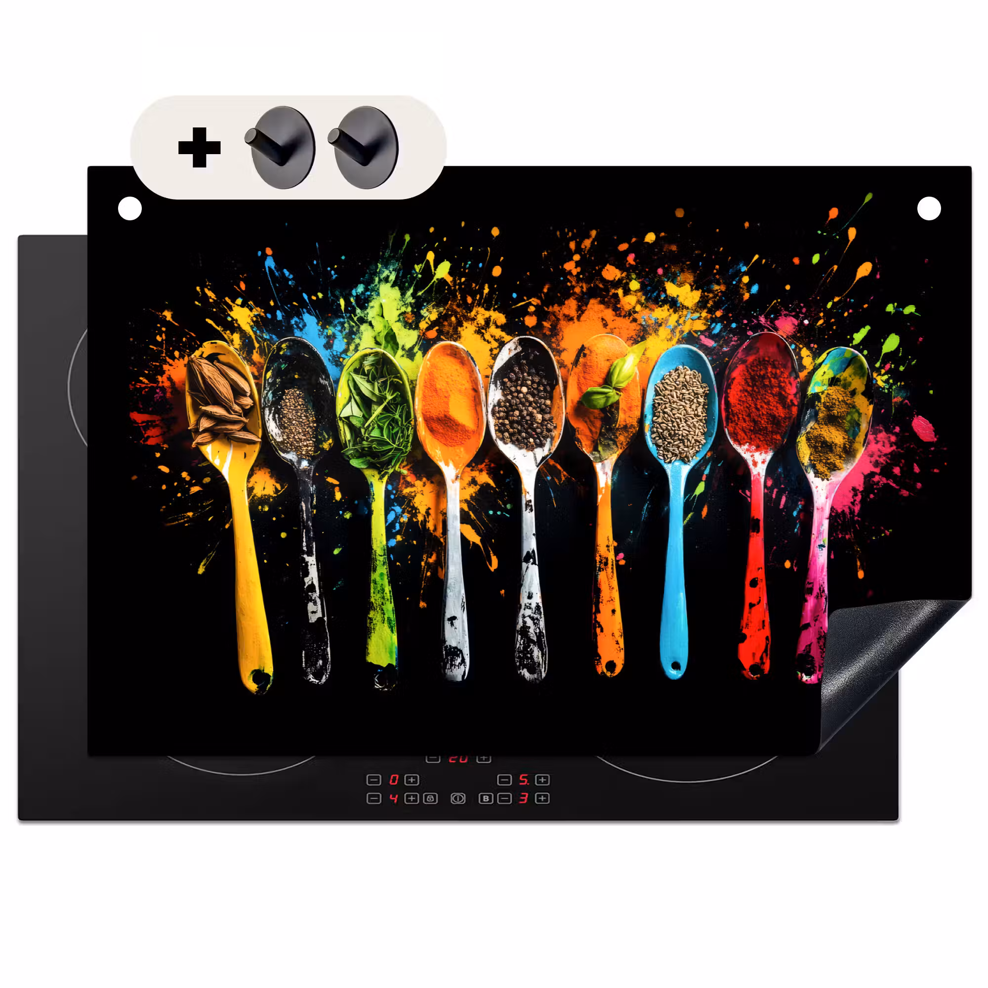 Induction Hob Cover & Splashback (2-in-1) - Spoons - Spices - Modern - Graffiti - Paint - Colorful