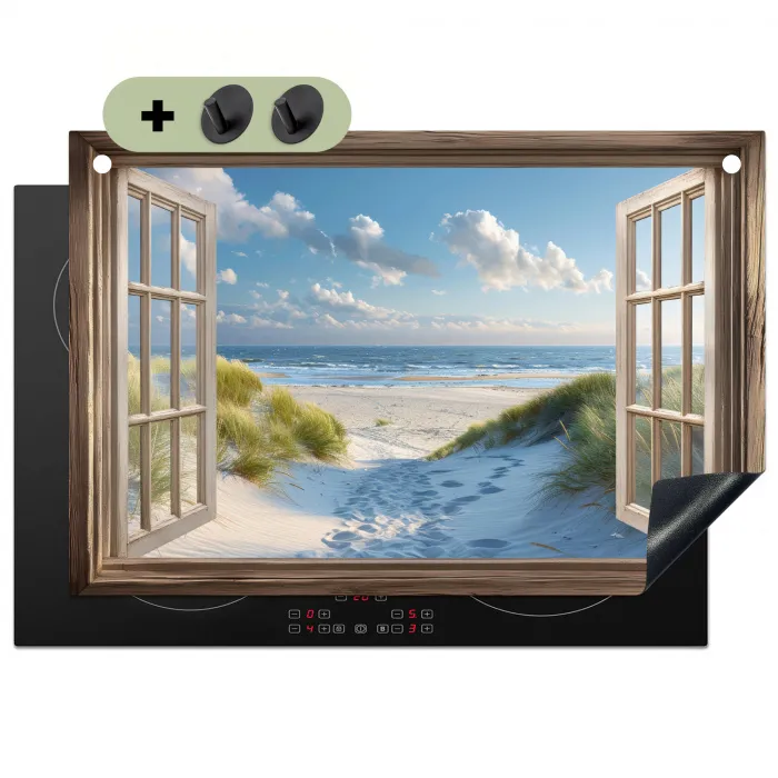Doorkijk - Strand - Raam - Duinen - Zee Inductie beschemer met haakjes klein -3d