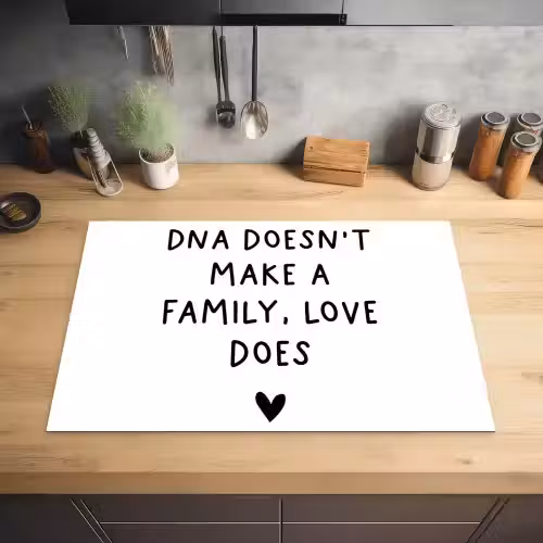 Engelse quote "DNA doesn't make a family, love does" met een hartje op een witte achtergrond Inductie beschermer vinyl 3mm klein -sfeer5