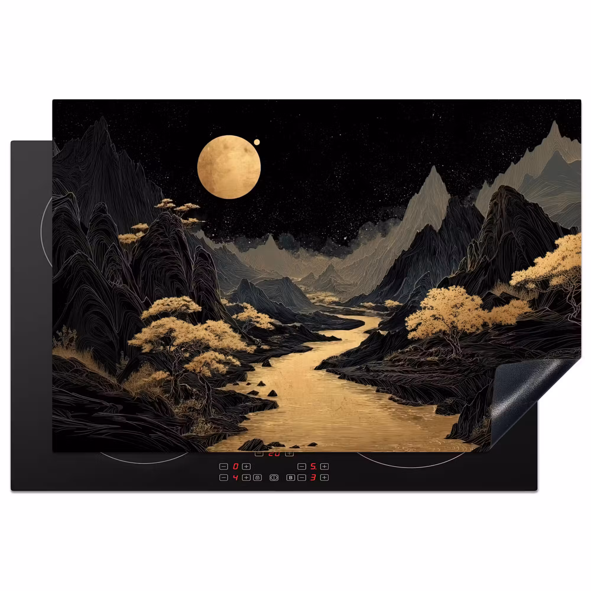 Induction Hob Cover - Golden river - Mountains - Moon - Starry sky