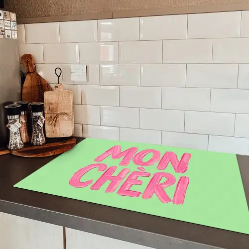 Mon cheri - Groen - Roze Inductie beschermer vinyl 3mm klein -sfeer3