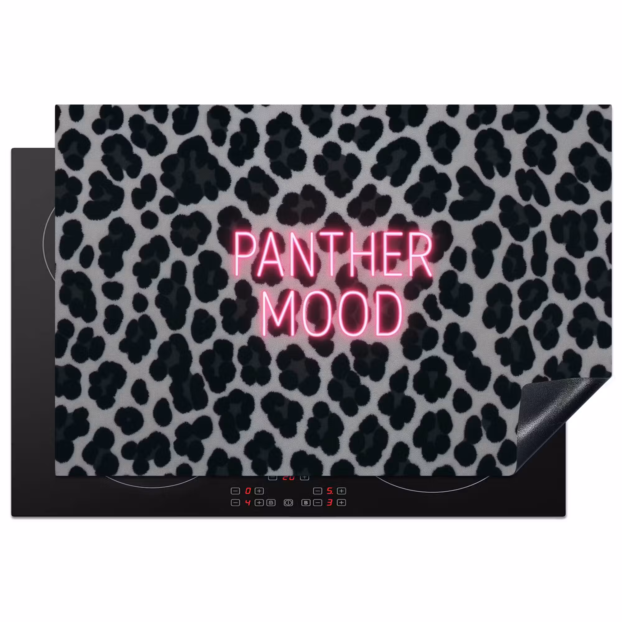 Induction Hob Cover - Panther print - Black - Neon letters - Pink