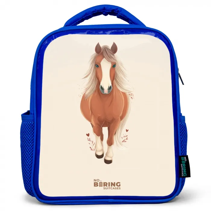 Bruin paard in gallop Kinderrugzak - Blauw middel -3d