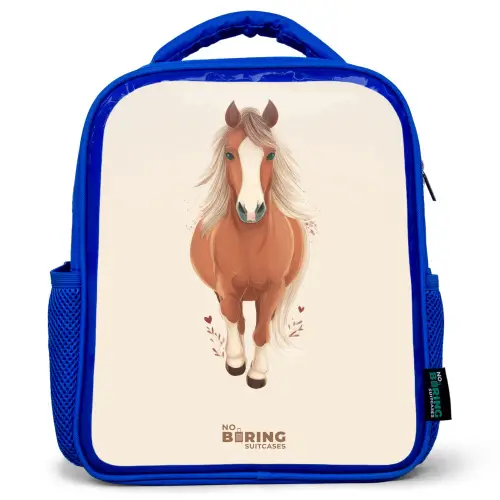 Bruin paard in gallop Kinderrugzak - Blauw middel -3d