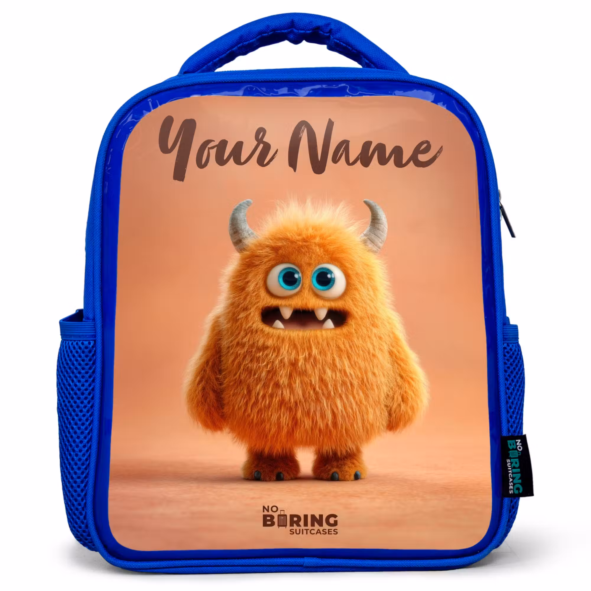 Kids' Backpacks with name Blue -. Orange Fluffy Monster with Horns