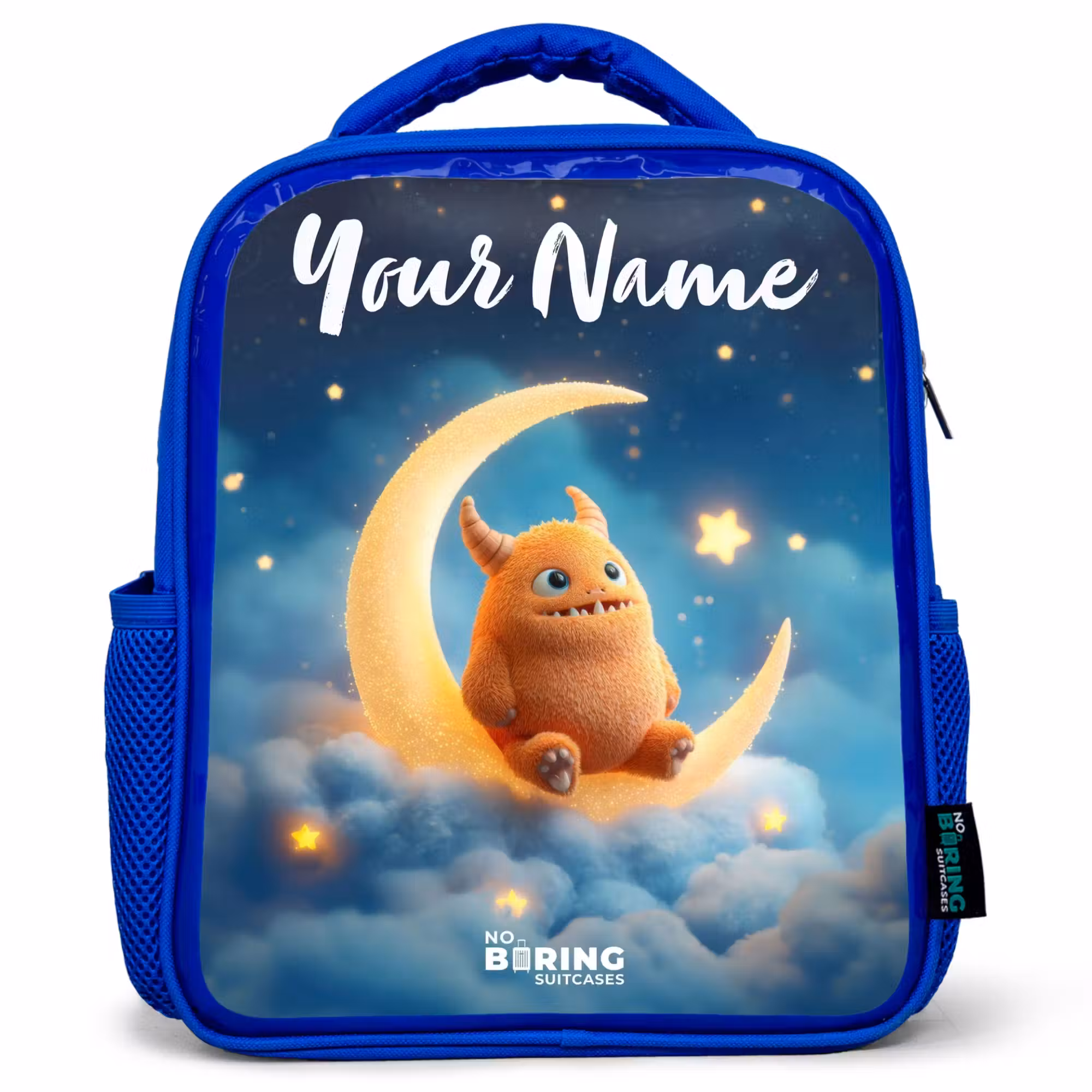 Kids' Backpacks with name Blue -. Orange monster on crescent moon