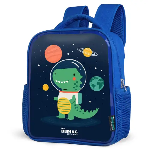Ruimte - Dino - Planeten - Sterren Kinderrugzak - Blauw middel -schuin